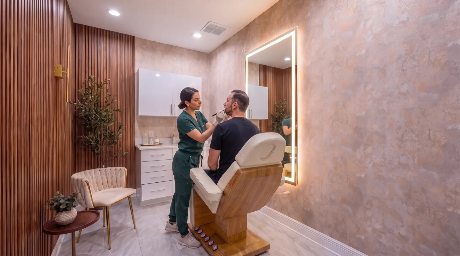 Patient in the treatment chair facing the mirror while his provider draws the beard design on his cheek and jawline