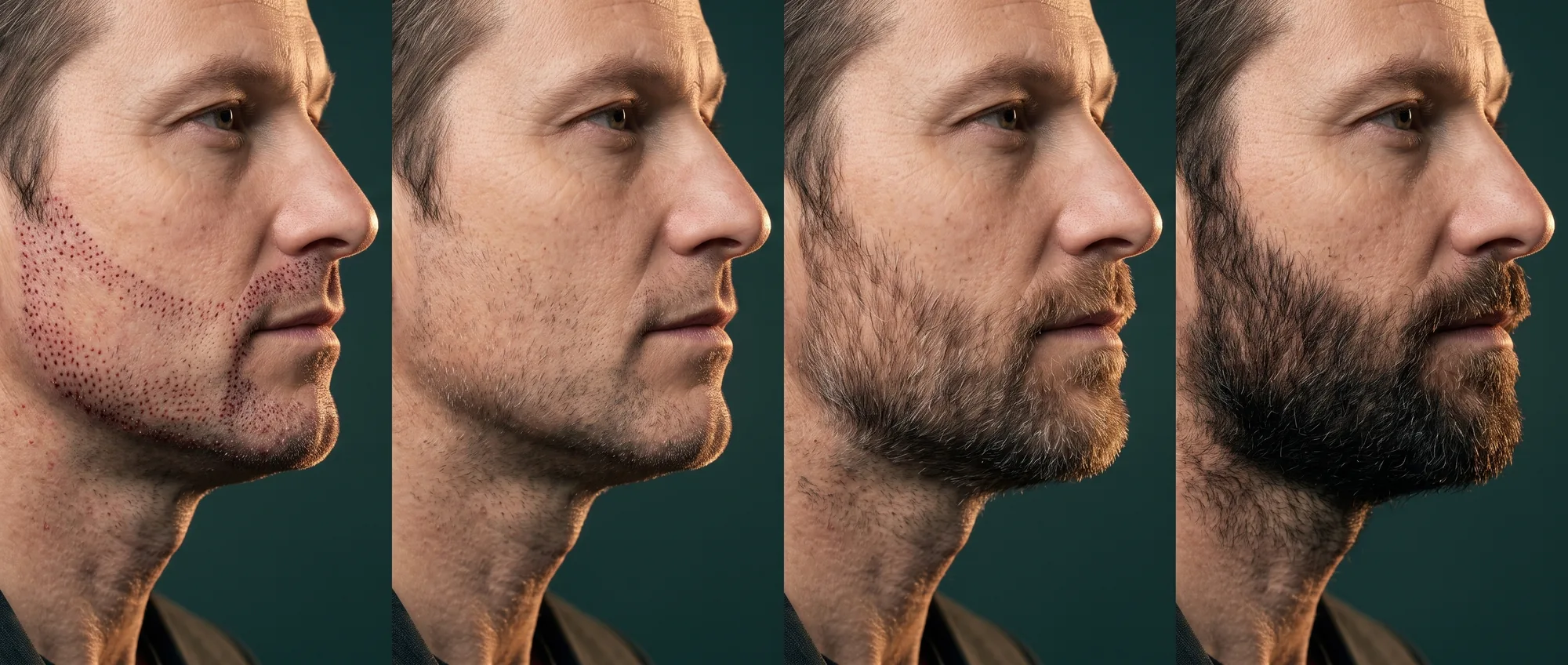 Four stages of beard transplant recovery on the same face: fresh grafts, early stubble, filling beard, full result