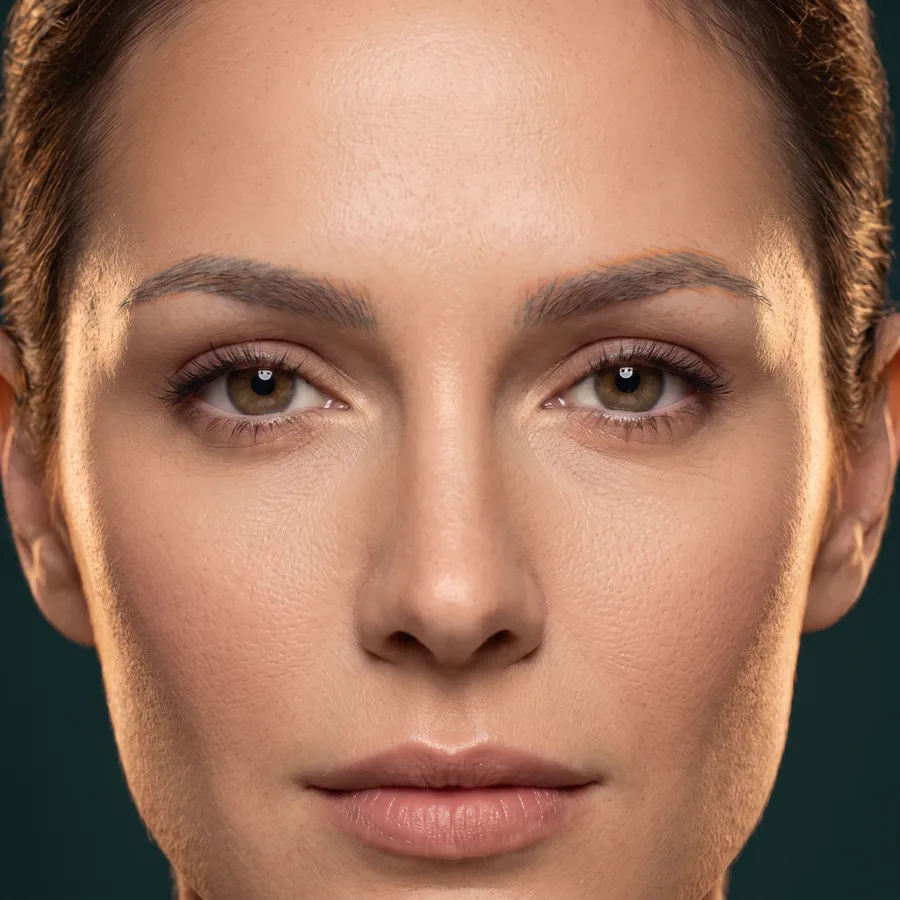 Illustration of faded microblading: blurred greyish pigment strokes with little real hair