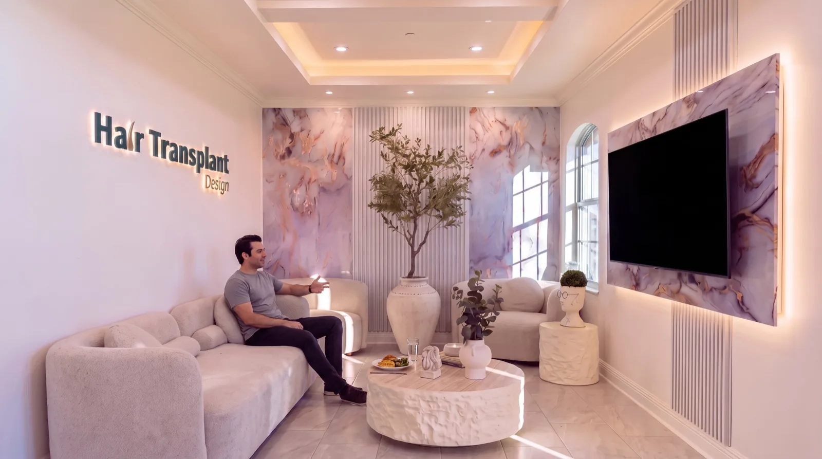 Patient sitting up in the lounge with a meal during the break