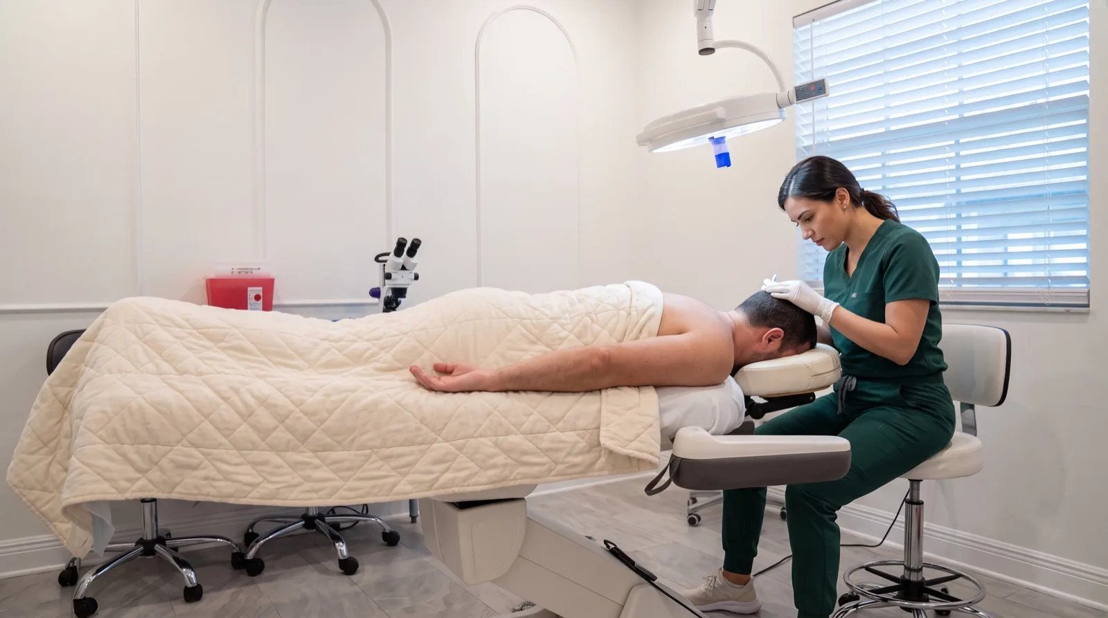 Patient lying face down along the treatment table under a blanket while the team extracts follicular units from the back of his head