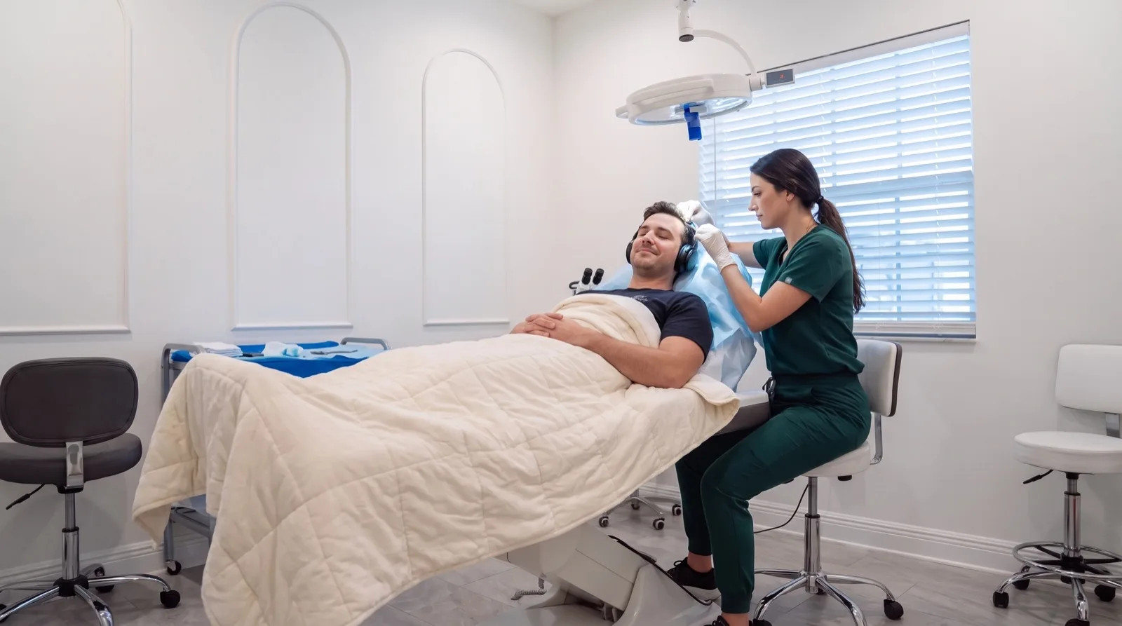 Patient reclined with headphones while his provider places grafts along the designed hairline