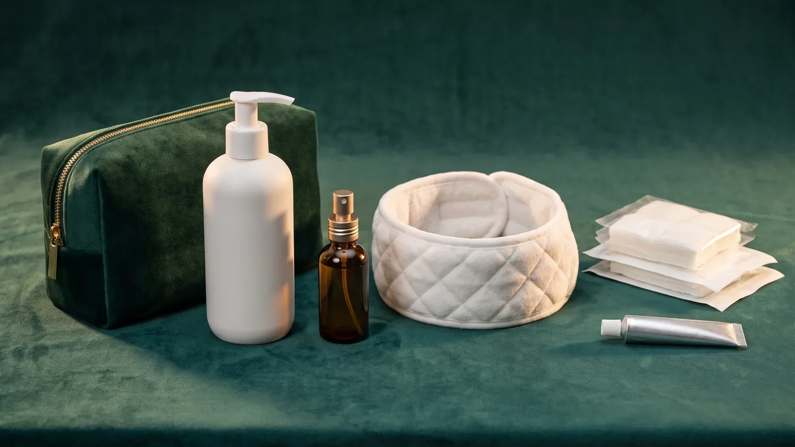 The aftercare kit handed to every patient: wash shampoo, spray, headband and dressings