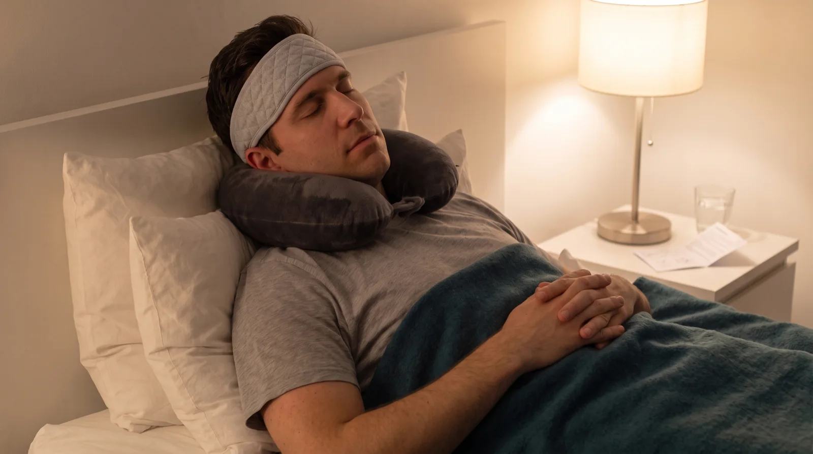 Hombre dormido boca arriba la primera noche, con el torso elevado sobre dos almohadas, almohada cervical de viaje y la banda suave puesta