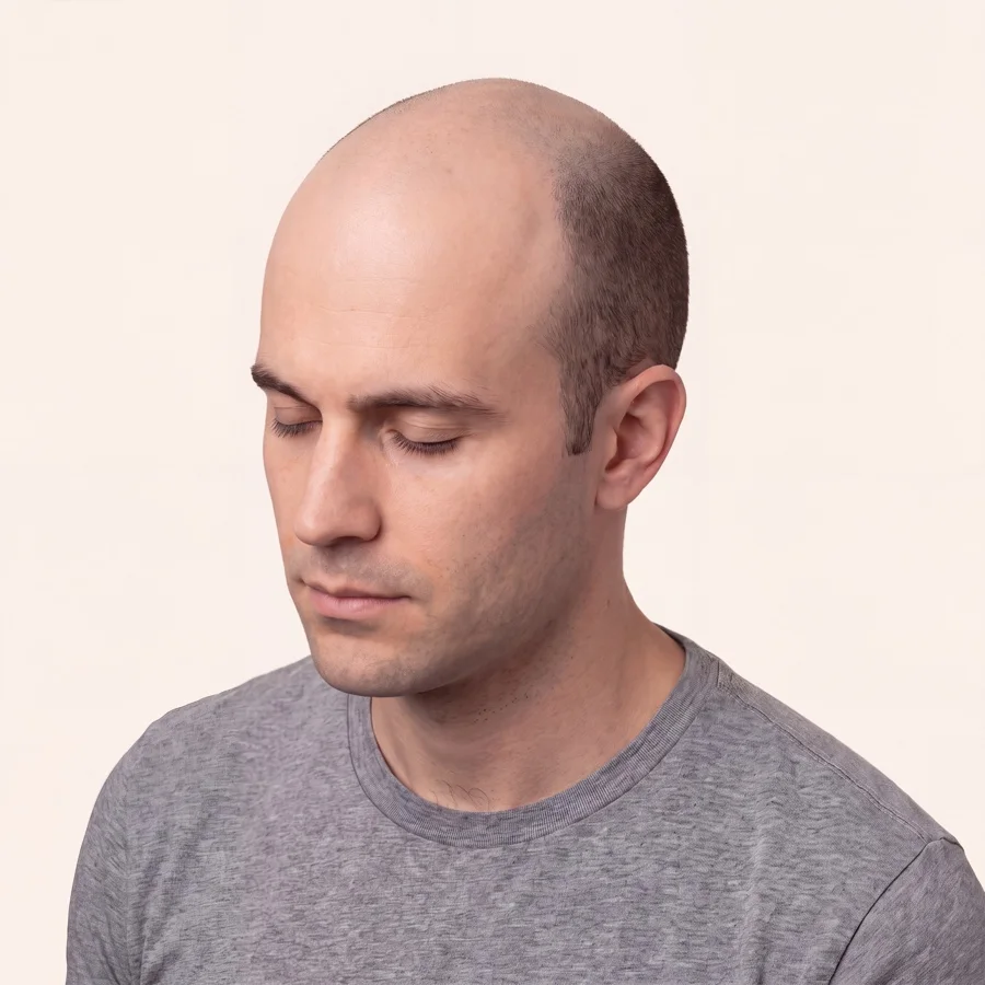 Ilustración médica de la alopecia androgénica masculina en etapa VI de Norwood sobre el mismo modelo, con la zona donante intacta
