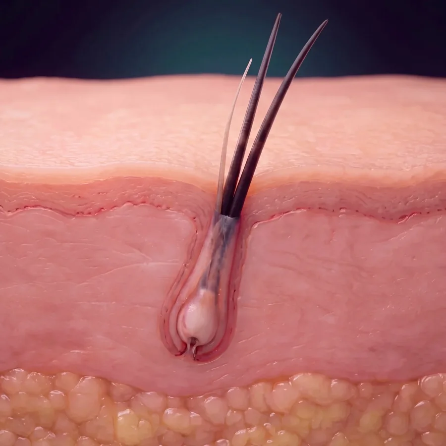 Ilustración médica: entre los meses seis y doce la unidad produce dos o tres pelos de distinto grosor