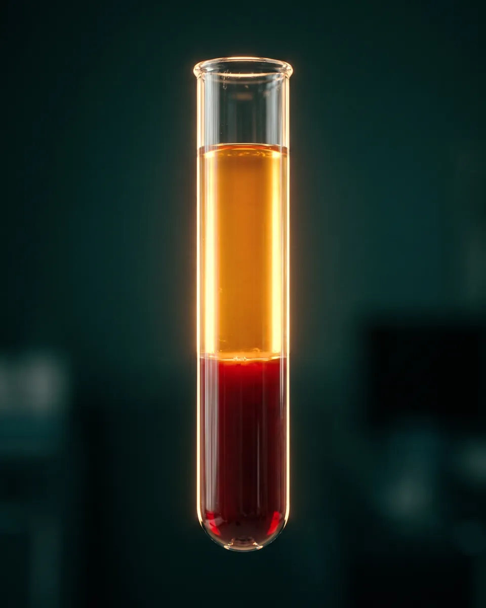 Tubo de centrífuga con sangre separada en capas: plasma rico en plaquetas dorado sobre los glóbulos rojos