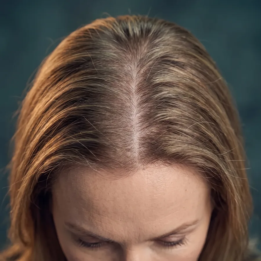 Illustration of a widened parting seen from above, thinning along the center of the scalp