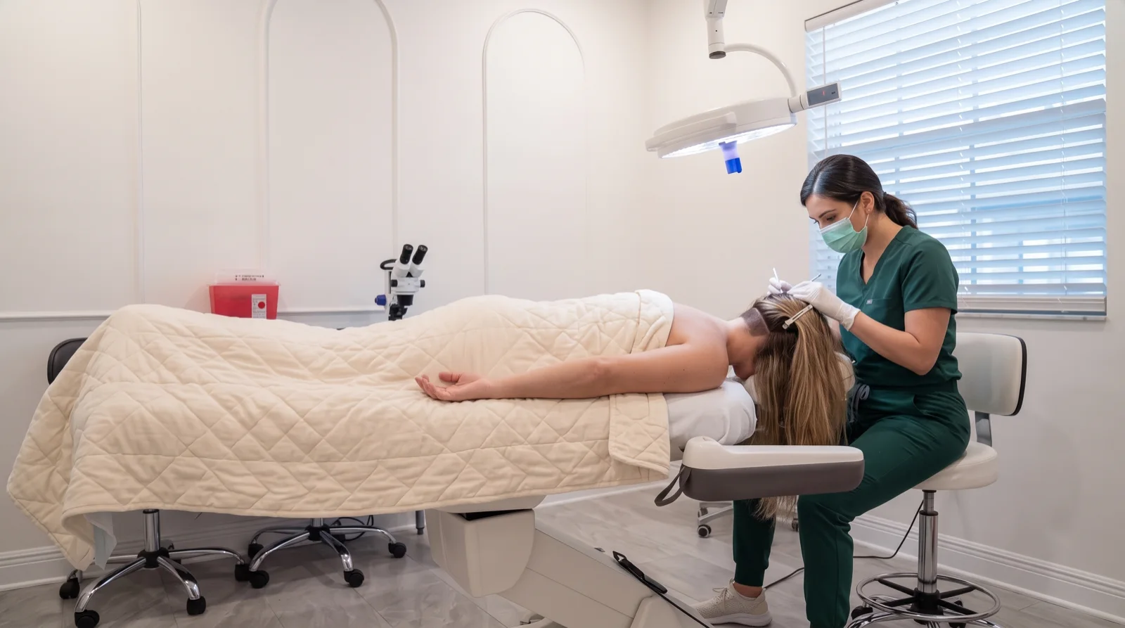 Patient lying face down under a blanket with her hair clipped up while the team takes follicles from a hidden strip at the back
