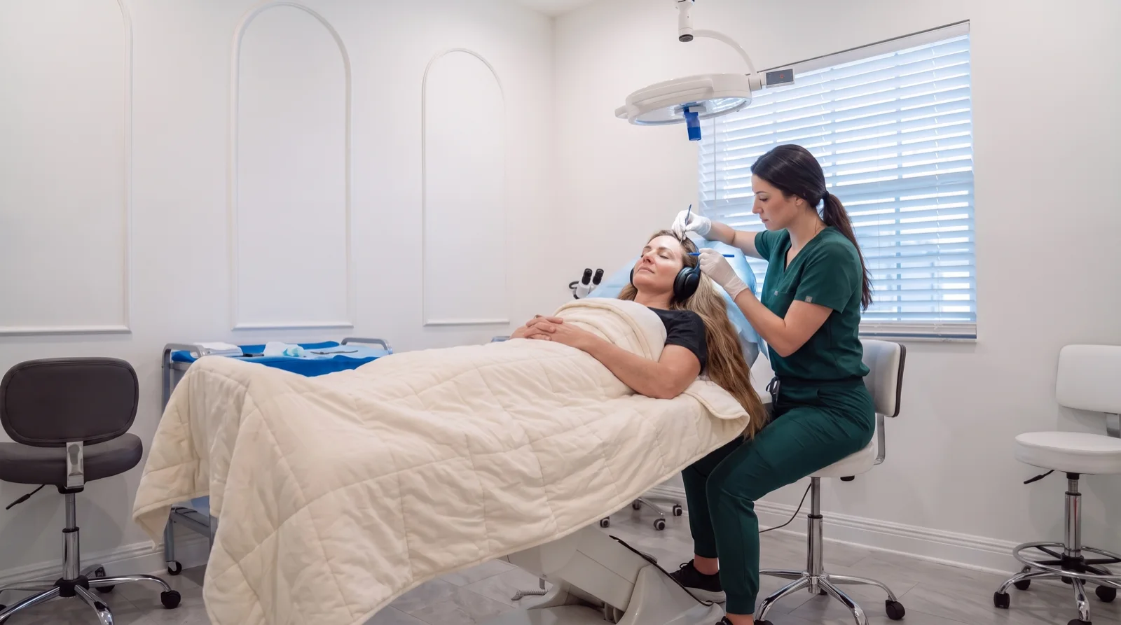 Patient reclined with headphones while her provider places a single graft at the front hairline with fine forceps