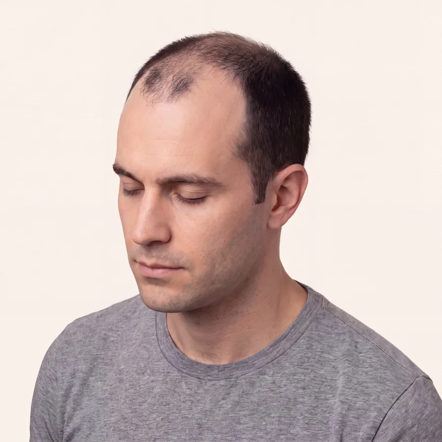 Medical illustration of Norwood stage V male pattern hair loss on the same model, donor hair intact