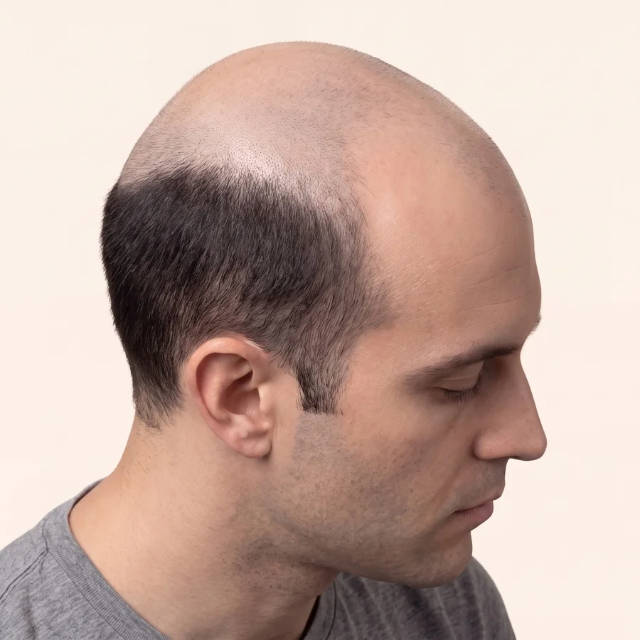 Medical illustration of Norwood stage VII male pattern hair loss on the same model, seen from the side so the dense donor band above the ear and around the back stays visible