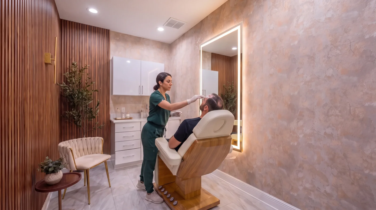 Patient reclined in the treatment chair while the provider applies numbing cream to the top of his scalp